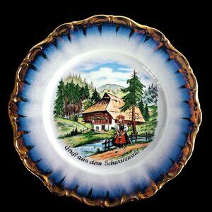 Vintage Bavarian German Decorative Souvenir Plate Black Forest Scene & Gold Rim